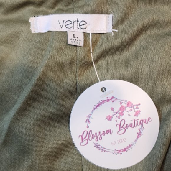 NWT Verte Olive Green Pink Floral Summer Cold Shoulder Pretty Dress Size: Large - Picture 9 of 10